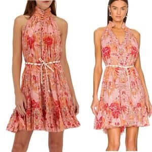 Zimmermann Violet mini belted dress silk coral floral print size 3 L 10 12 New